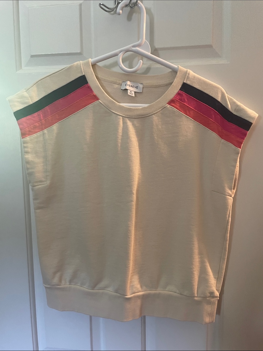 Evereve Cream Sleeveless Sweatshirt with Pink and Green Shoulder Stripes